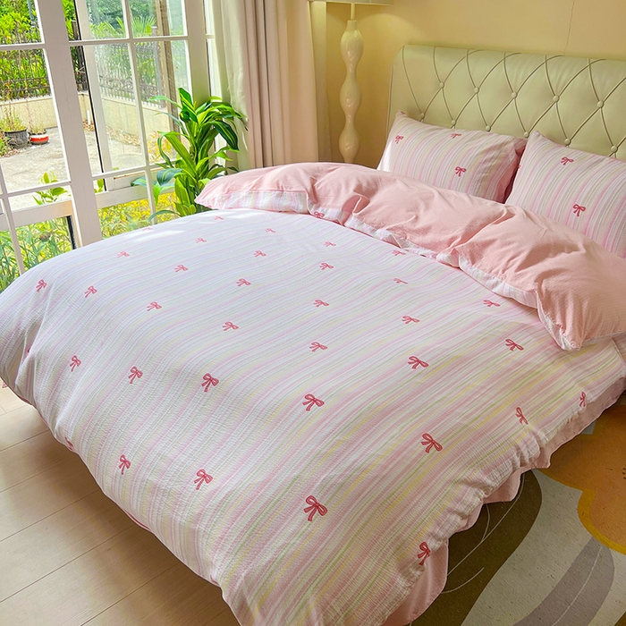 91家纺网 家纺一手货源 找家纺 森璐家纺 2025新款针织双层纱四件套-系列二 精致蝴蝶结