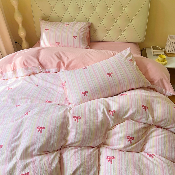 91家纺网 家纺一手货源 找家纺 森璐家纺 2025新款针织双层纱四件套-系列二 精致蝴蝶结