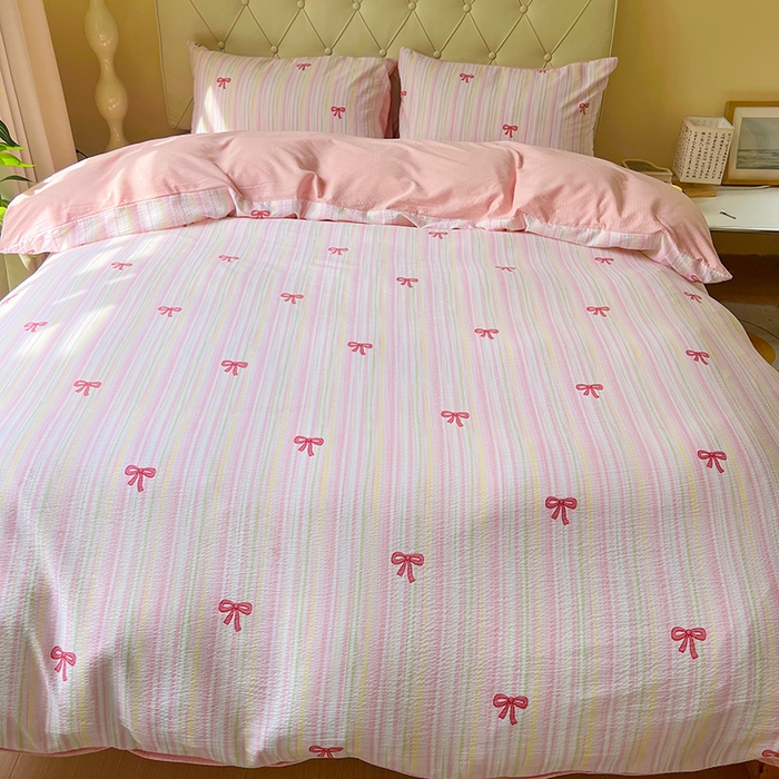 91家纺网 家纺一手货源 找家纺 森璐家纺 2025新款针织双层纱四件套-系列二 精致蝴蝶结