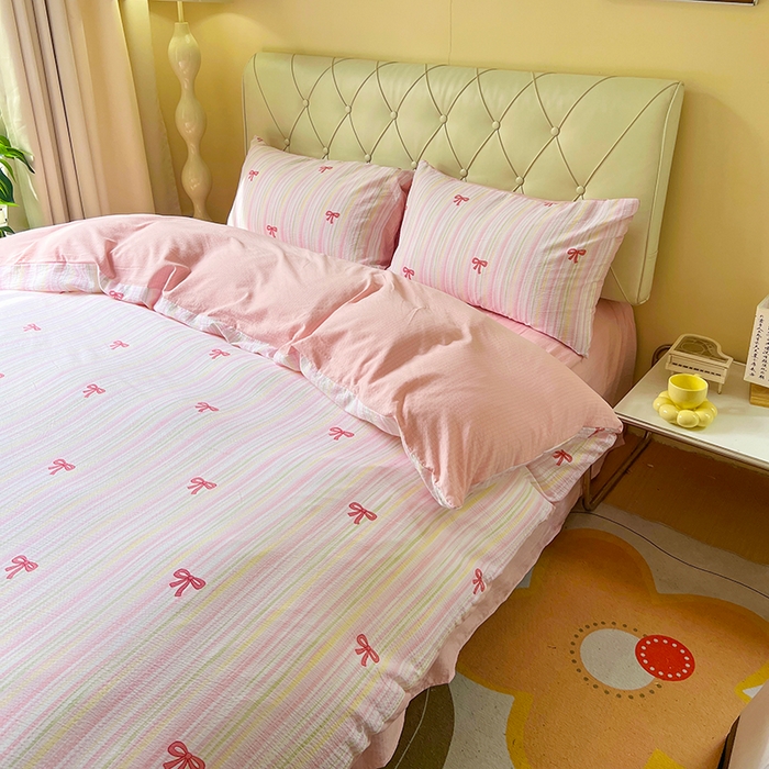 91家纺网 家纺一手货源 找家纺 森璐家纺 2025新款针织双层纱四件套-系列二 精致蝴蝶结