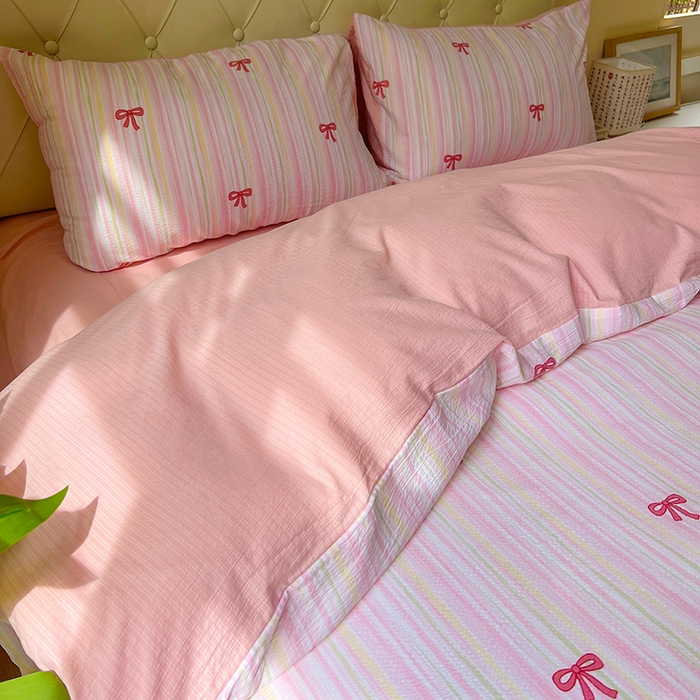 91家纺网 家纺一手货源 找家纺 森璐家纺 2025新款针织双层纱四件套-系列二 精致蝴蝶结