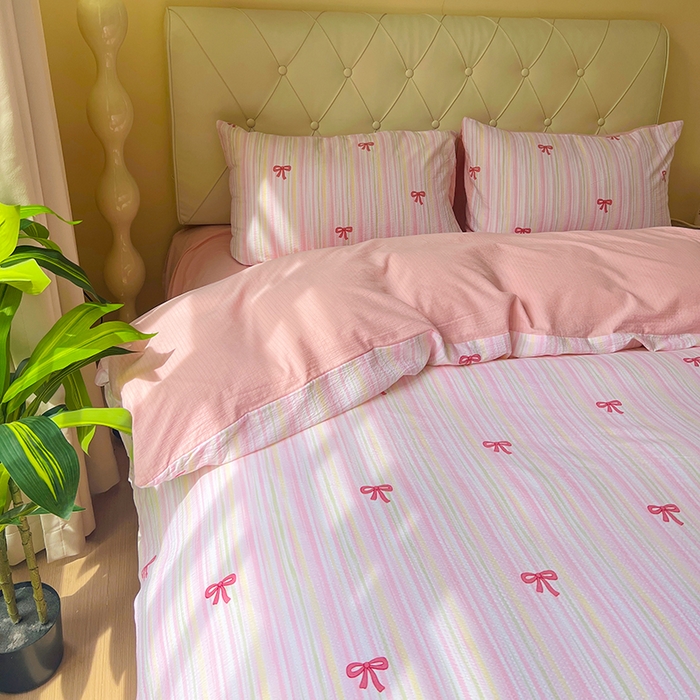 91家纺网 家纺一手货源 找家纺 森璐家纺 2025新款针织双层纱四件套-系列二 精致蝴蝶结