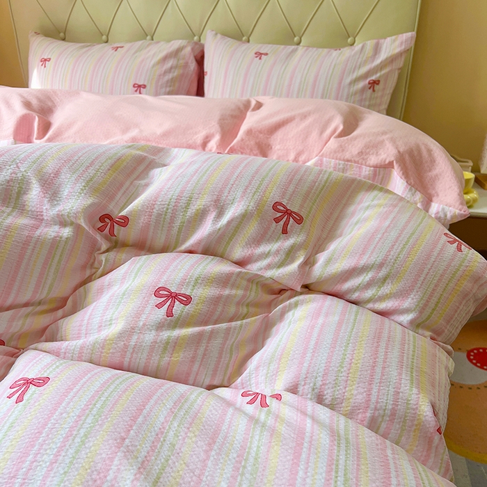 91家纺网 家纺一手货源 找家纺 森璐家纺 2025新款针织双层纱四件套-系列二 精致蝴蝶结