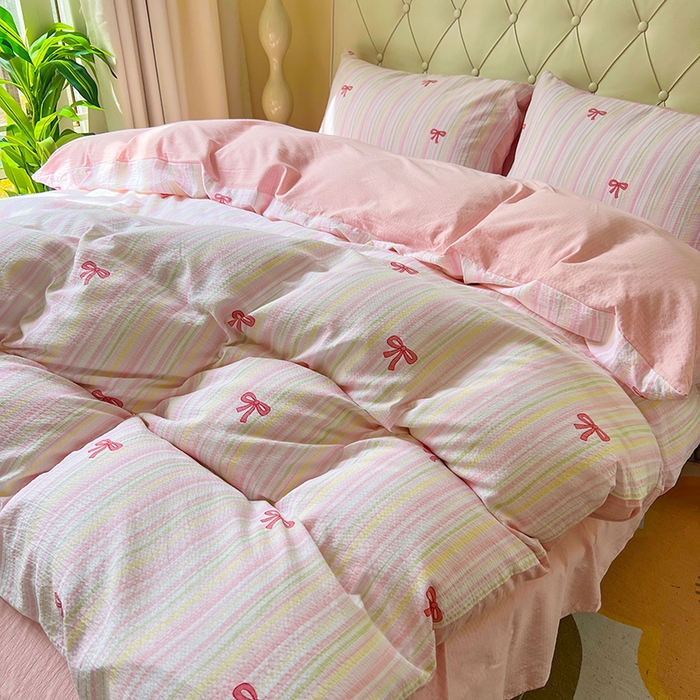 91家纺网 家纺一手货源 找家纺 森璐家纺 2025新款针织双层纱四件套-系列二 精致蝴蝶结