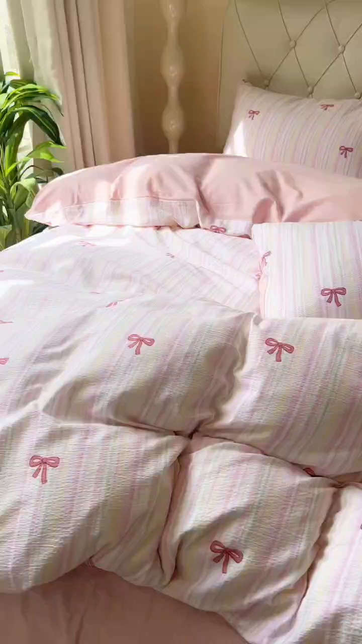 91家纺网 家纺一手货源 找家纺 森璐家纺 2025新款针织双层纱四件套-系列二 精致蝴蝶结