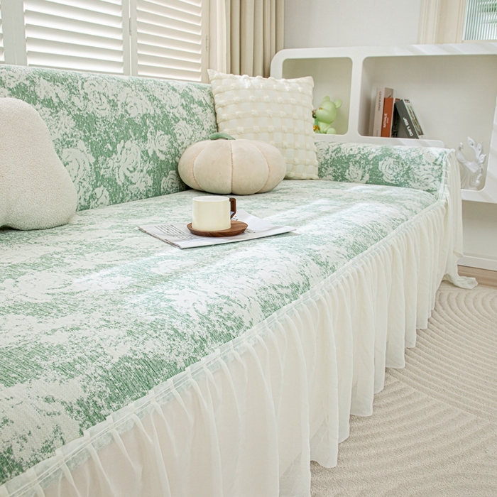 91家纺网 家纺一手货源 找家纺 沐沐家纺 2026新款玫瑰裙边沙发巾 柠檬绿