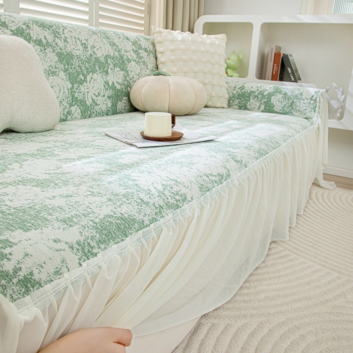 91家纺网 家纺一手货源 找家纺 沐沐家纺 2026新款玫瑰裙边沙发巾 柠檬绿