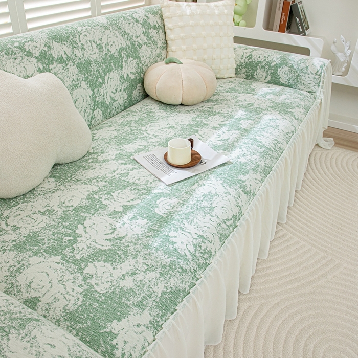 91家纺网 家纺一手货源 找家纺 沐沐家纺 2026新款玫瑰裙边沙发巾 柠檬绿