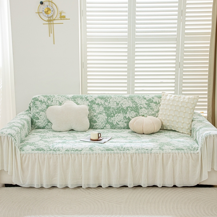 91家纺网 家纺一手货源 找家纺 沐沐家纺 2026新款玫瑰裙边沙发巾 柠檬绿