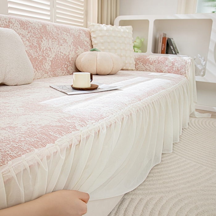 91家纺网 家纺一手货源 找家纺 沐沐家纺 2026新款玫瑰裙边沙发巾 蜜桃粉