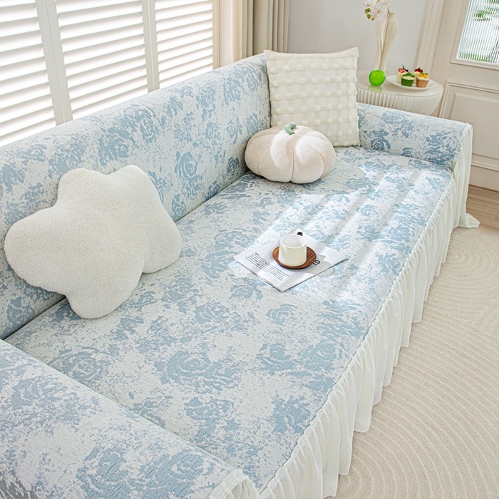 91家纺网 家纺一手货源 找家纺 沐沐家纺 2026新款玫瑰裙边沙发巾 远山蓝