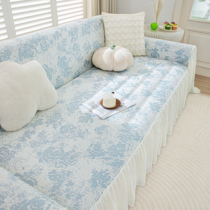 91家纺网 家纺一手货源 找家纺 沐沐家纺 2026新款玫瑰裙边沙发巾 远山蓝