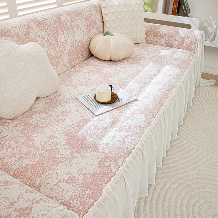 91家纺网 家纺一手货源 找家纺 沐沐家纺 2026新款玫瑰裙边沙发巾 蜜桃粉