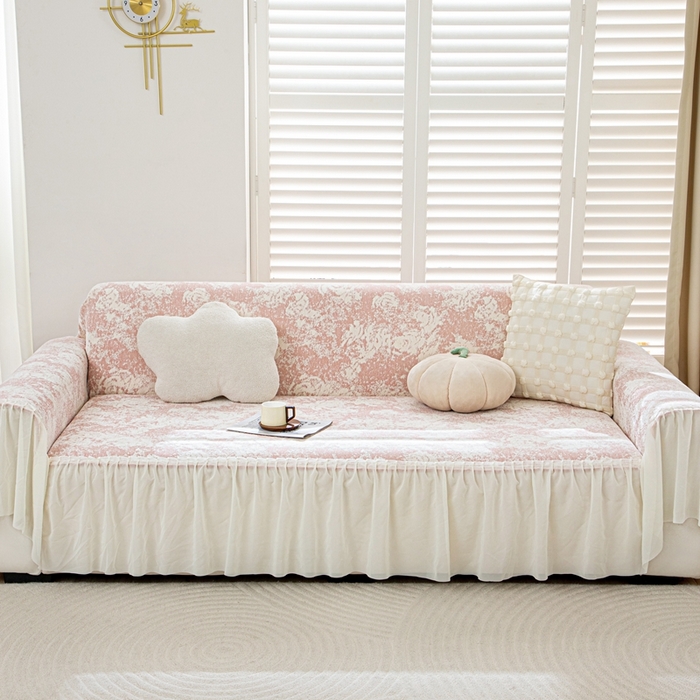 91家纺网 家纺一手货源 找家纺 沐沐家纺 2026新款玫瑰裙边沙发巾 蜜桃粉