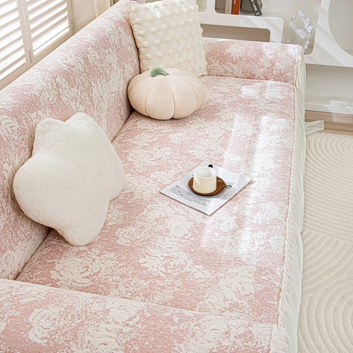 91家纺网 家纺一手货源 找家纺 沐沐家纺 2026新款玫瑰裙边沙发巾 蜜桃粉