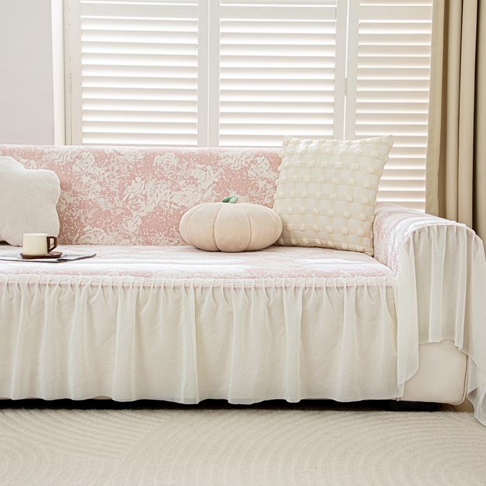 91家纺网 家纺一手货源 找家纺 沐沐家纺 2026新款玫瑰裙边沙发巾 蜜桃粉