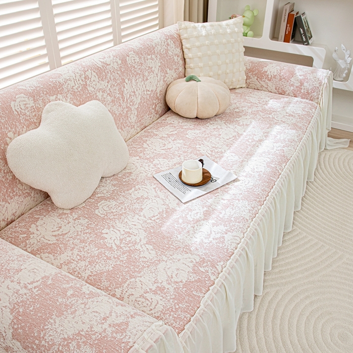 91家纺网 家纺一手货源 找家纺 沐沐家纺 2026新款玫瑰裙边沙发巾 蜜桃粉