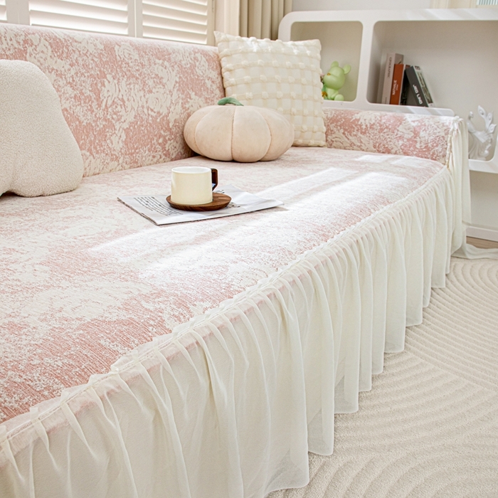 91家纺网 家纺一手货源 找家纺 沐沐家纺 2026新款玫瑰裙边沙发巾 蜜桃粉