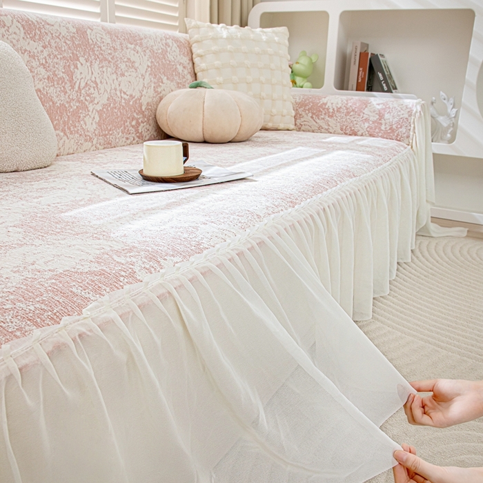 91家纺网 家纺一手货源 找家纺 沐沐家纺 2026新款玫瑰裙边沙发巾 蜜桃粉