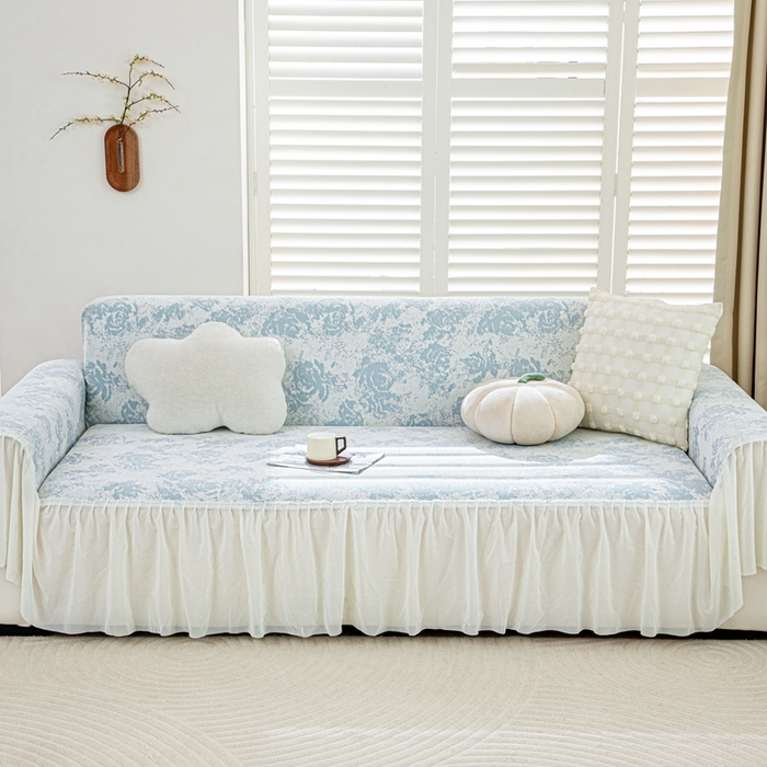 91家纺网 家纺一手货源 找家纺 沐沐家纺 2026新款玫瑰裙边沙发巾 远山蓝