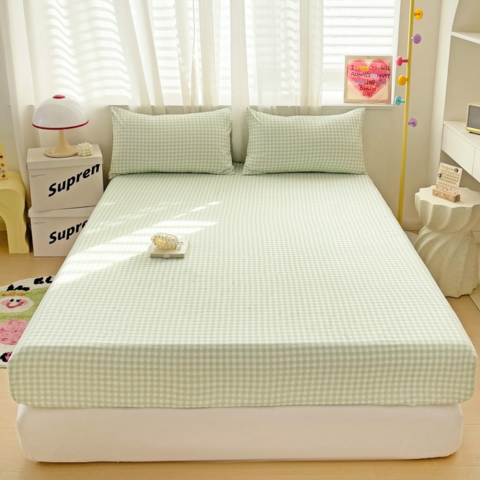 91家纺网 家纺一手货源 找家纺 纽缦家纺 2025新款云朵棉小清新单品床笠床笠单件单床笠 小绿格