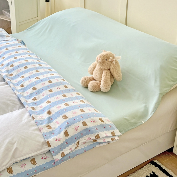 91家纺网 家纺一手货源 找家纺 纽缦家纺 2025春夏新款A类水洗棉印花睡袋 小熊拉钩蓝