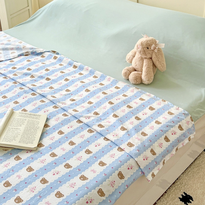 91家纺网 家纺一手货源 找家纺 纽缦家纺 2025春夏新款A类水洗棉印花睡袋 小熊拉钩蓝