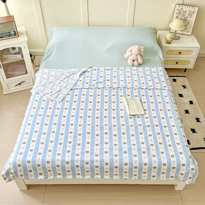 纽缦家纺 2025春夏新款A类水洗棉印花睡袋 小熊拉钩蓝