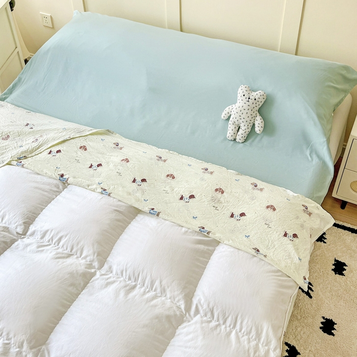 91家纺网 家纺一手货源 找家纺 纽缦家纺 2025春夏新款A类水洗棉印花睡袋 可可腊肠犬