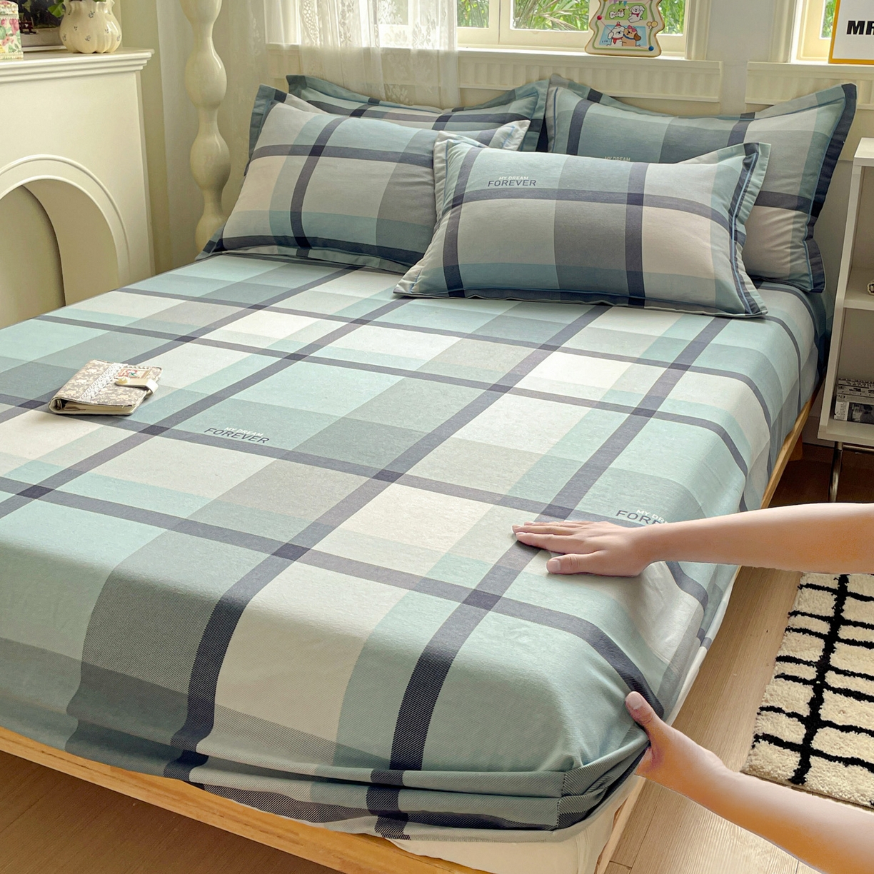 91家纺网 家纺一手货源 找家纺 纽缦家纺 2025新款全棉纯棉磨毛印花单床笠 床笠单件 曼迪蓝