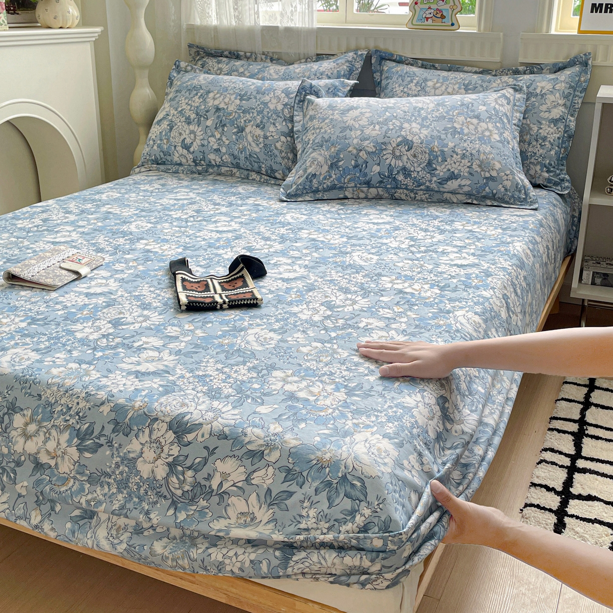 91家纺网 家纺一手货源 找家纺 纽缦家纺 2025新款全棉纯棉磨毛印花单床笠 床笠单件 雅汐蓝