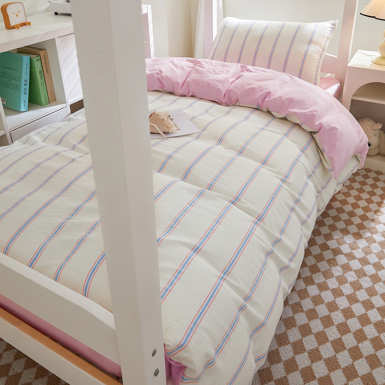 91家纺网 家纺一手货源 找家纺 吾诺2025新款 色织全棉学生组合大礼包三件套四件套 白兰条