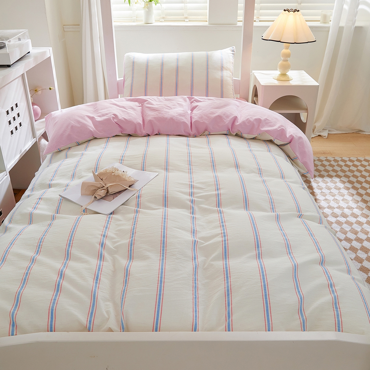 91家纺网 家纺一手货源 找家纺 吾诺2025新款 色织全棉学生组合大礼包三件套四件套 白兰条