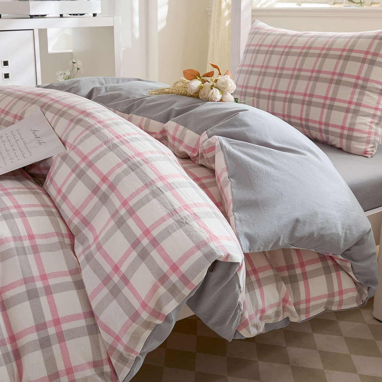 91家纺网 家纺一手货源 找家纺 吾诺2025新款 色织全棉学生组合大礼包三件套四件套 晨雾