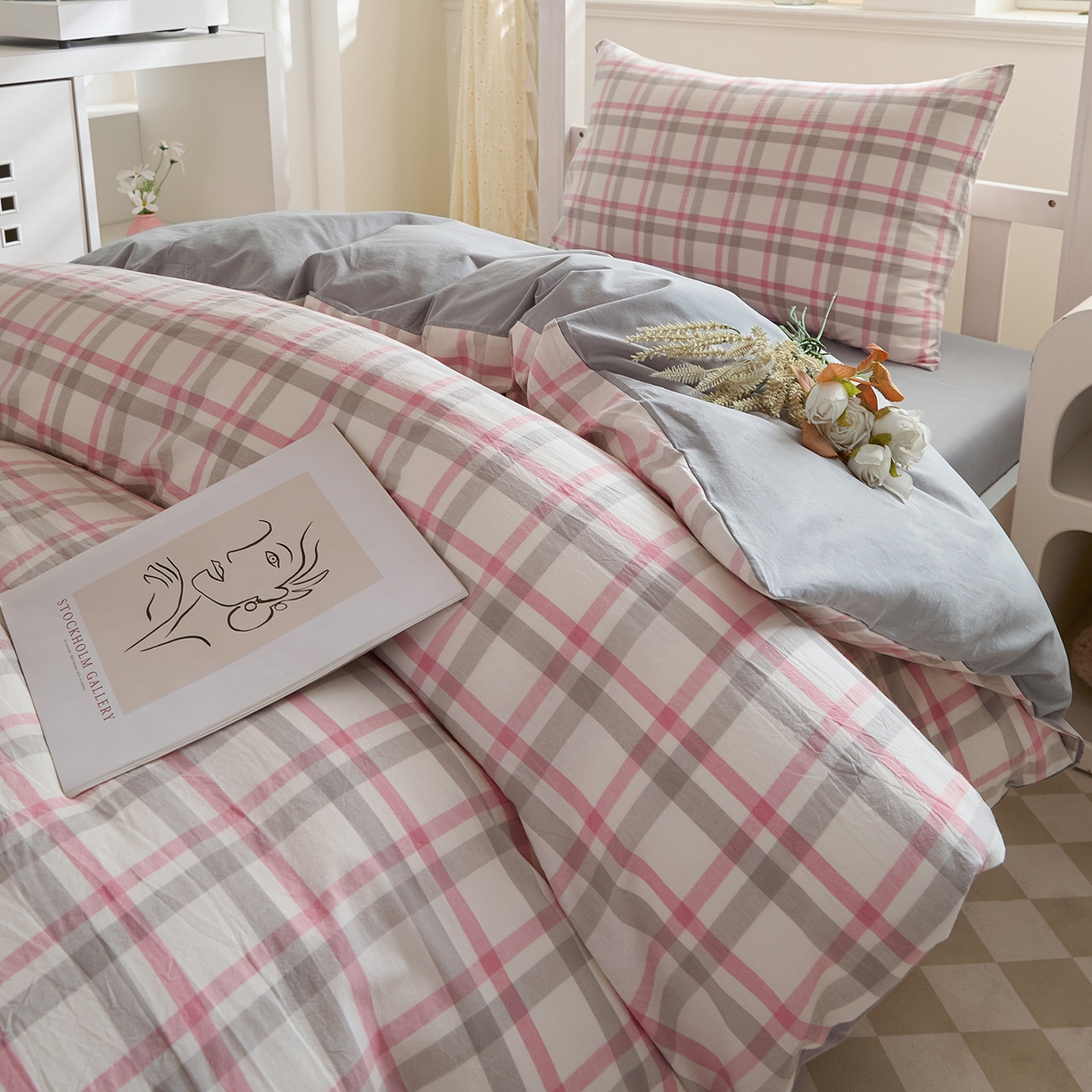 91家纺网 家纺一手货源 找家纺 吾诺2025新款 色织全棉学生组合大礼包三件套四件套 晨雾