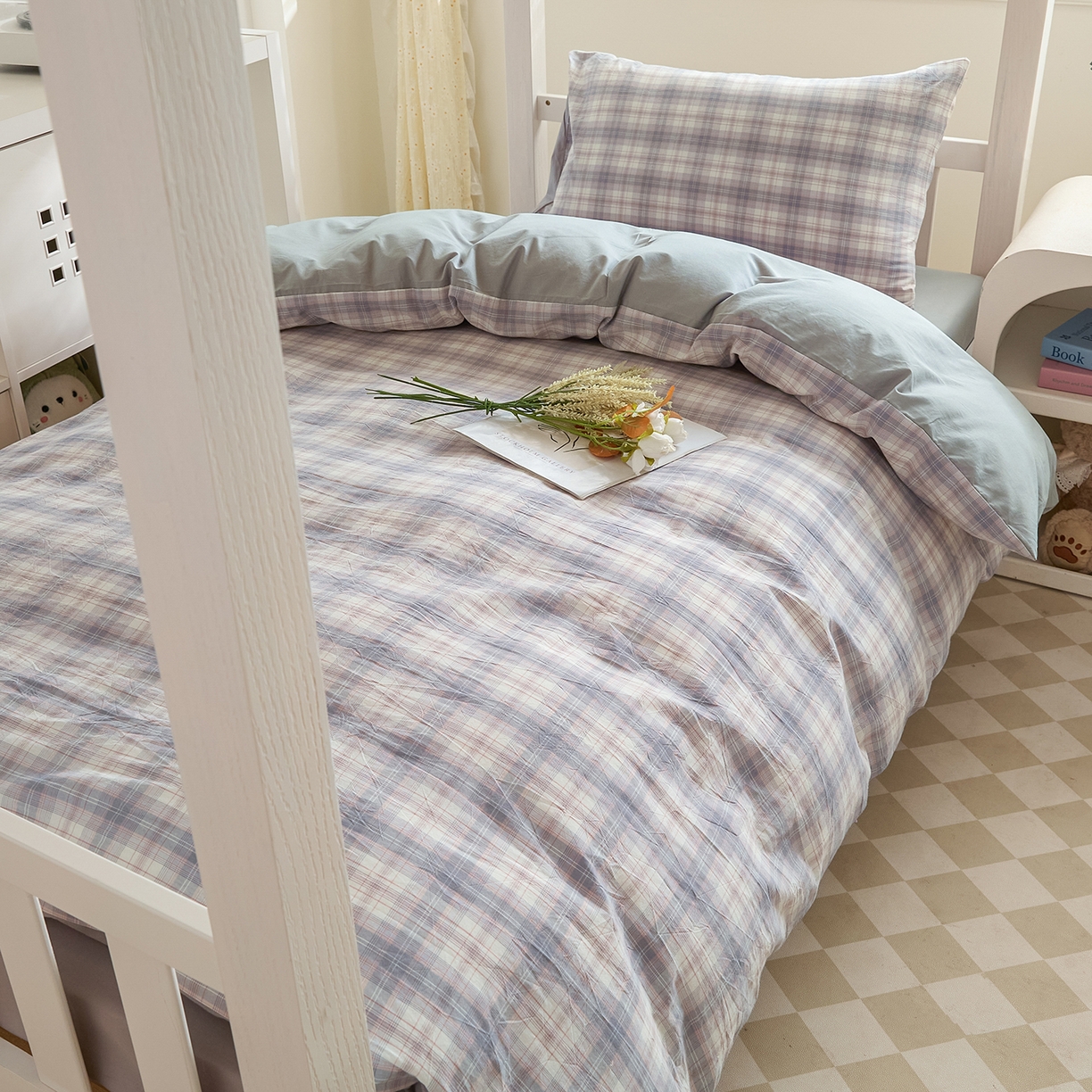 91家纺网 家纺一手货源 找家纺 吾诺2025新款 色织全棉学生组合大礼包三件套四件套 丹宁格