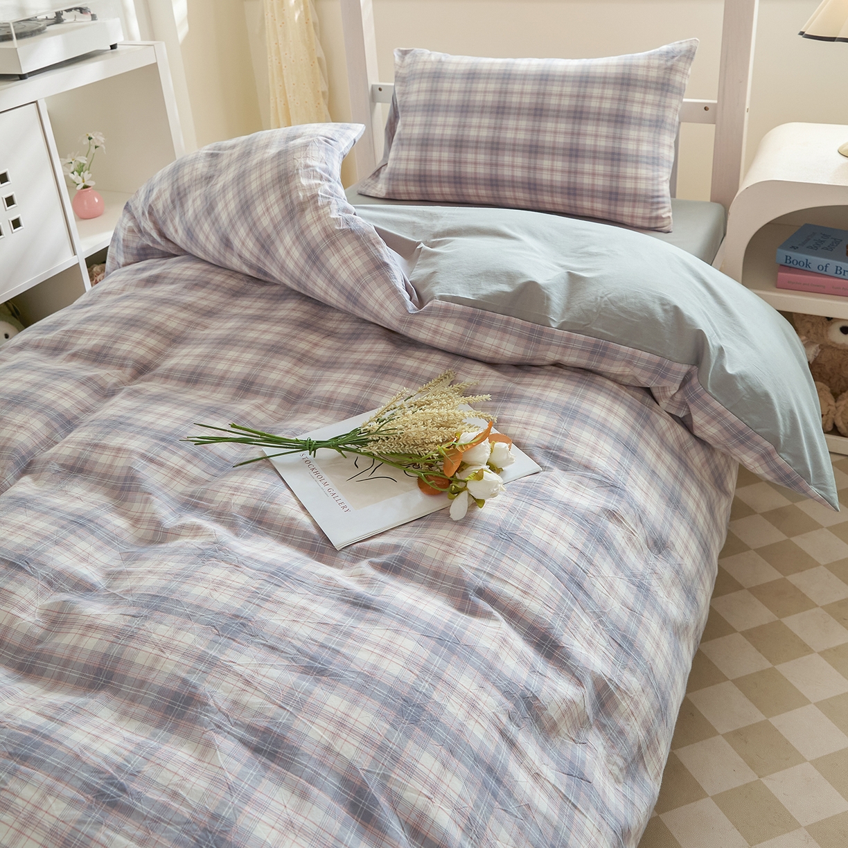 91家纺网 家纺一手货源 找家纺 吾诺2025新款 色织全棉学生组合大礼包三件套四件套 丹宁格