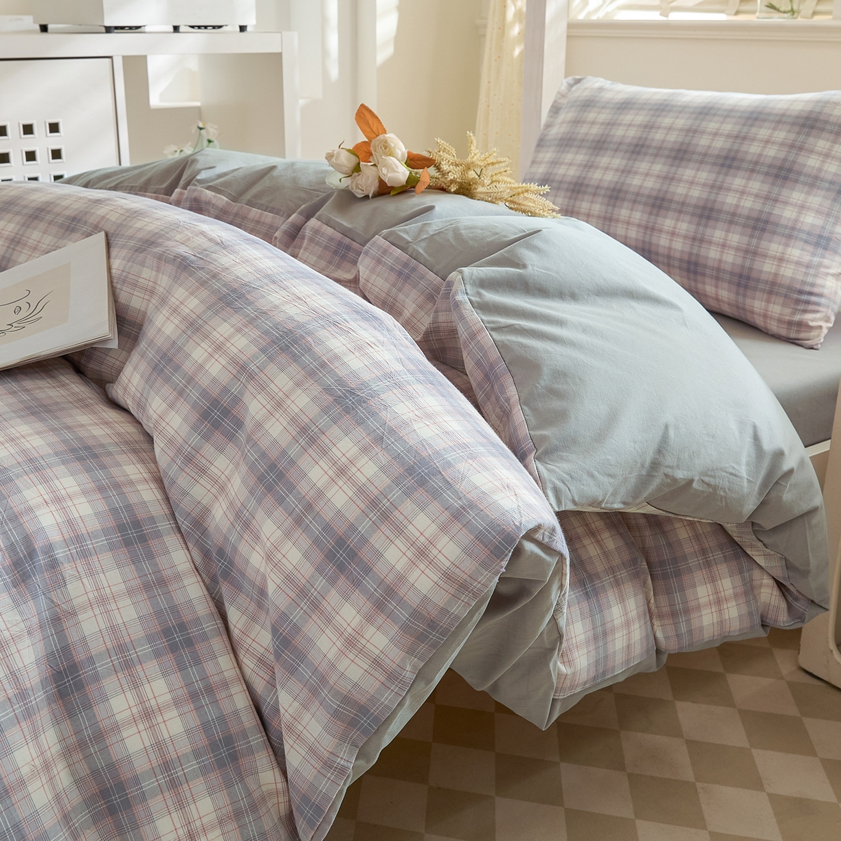 91家纺网 家纺一手货源 找家纺 吾诺2025新款 色织全棉学生组合大礼包三件套四件套 丹宁格