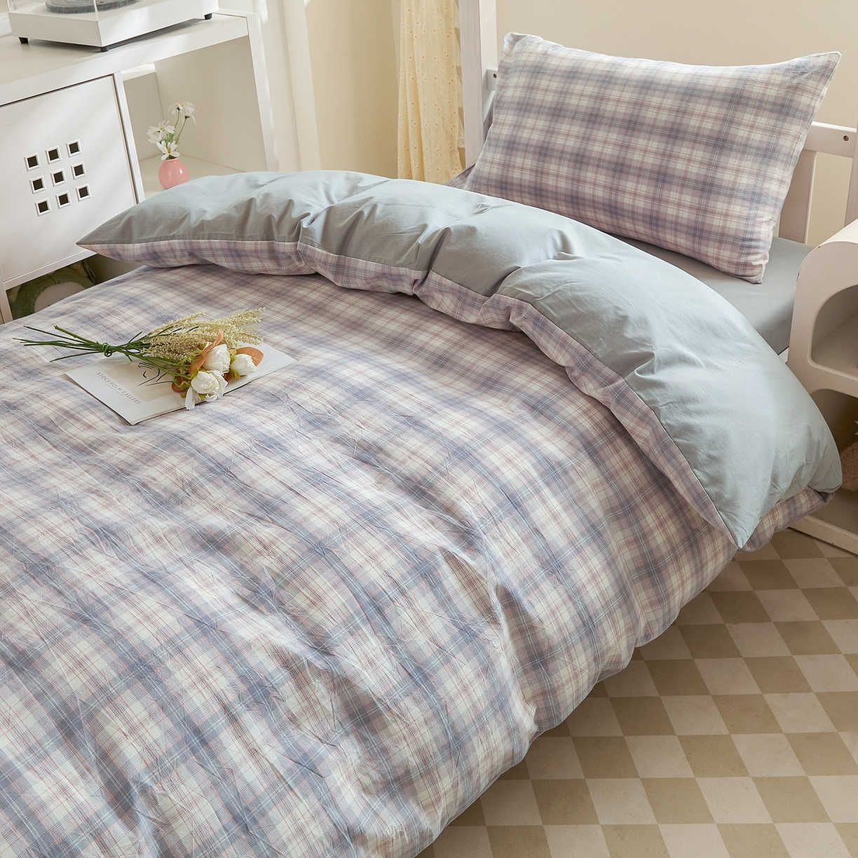 91家纺网 家纺一手货源 找家纺 吾诺2025新款 色织全棉学生组合大礼包三件套四件套 丹宁格