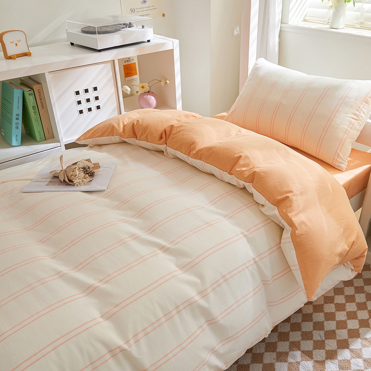 91家纺网 家纺一手货源 找家纺 吾诺2025新款 色织全棉学生组合大礼包三件套四件套 粉白条