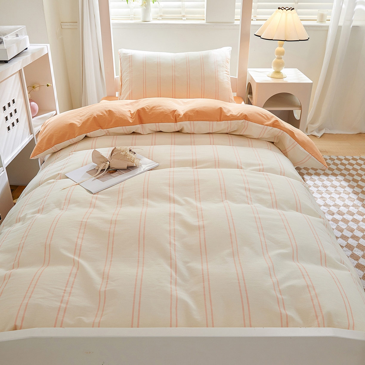 91家纺网 家纺一手货源 找家纺 吾诺2025新款 色织全棉学生组合大礼包三件套四件套 粉白条