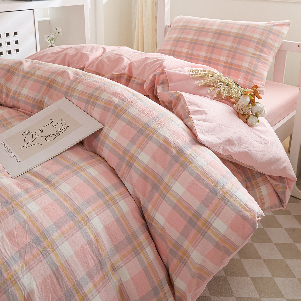 91家纺网 家纺一手货源 找家纺 吾诺2025新款 色织全棉学生组合大礼包三件套四件套 简希-粉