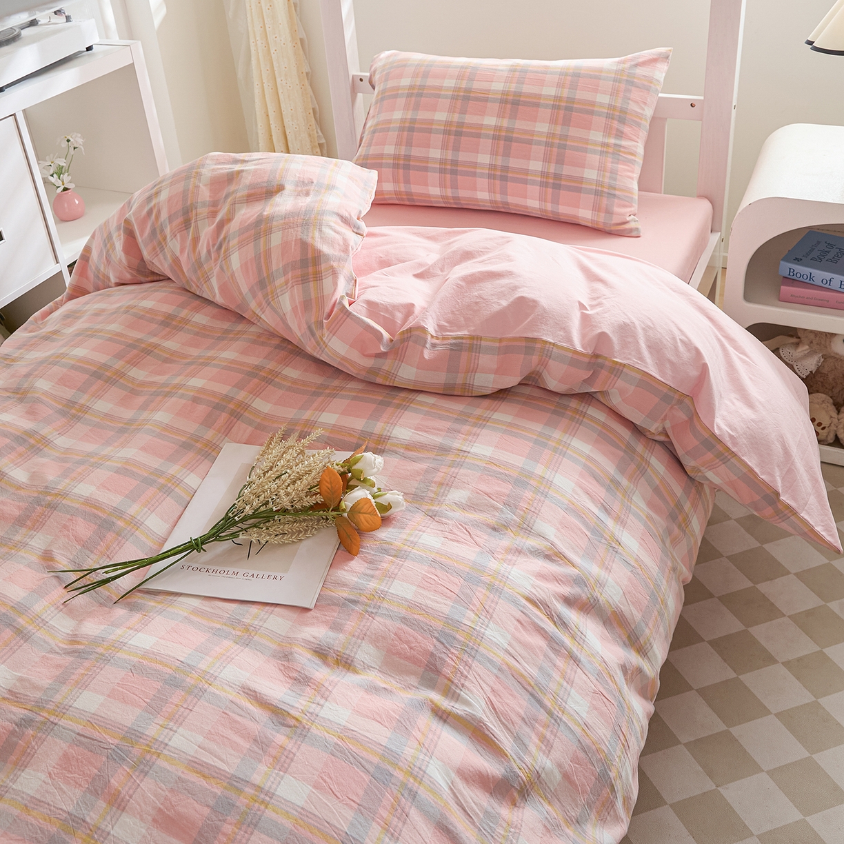 91家纺网 家纺一手货源 找家纺 吾诺2025新款 色织全棉学生组合大礼包三件套四件套 简希-粉