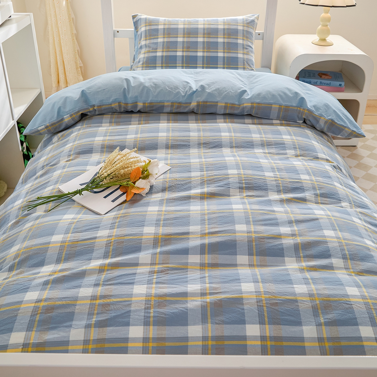 91家纺网 家纺一手货源 找家纺 吾诺2025新款 色织全棉学生组合大礼包三件套四件套 简希-蓝