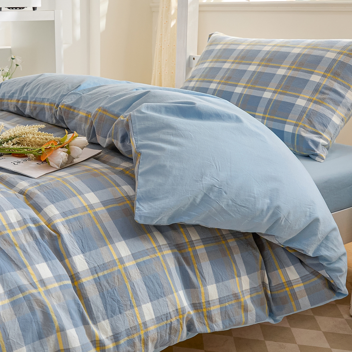 91家纺网 家纺一手货源 找家纺 吾诺2025新款 色织全棉学生组合大礼包三件套四件套 简希-蓝