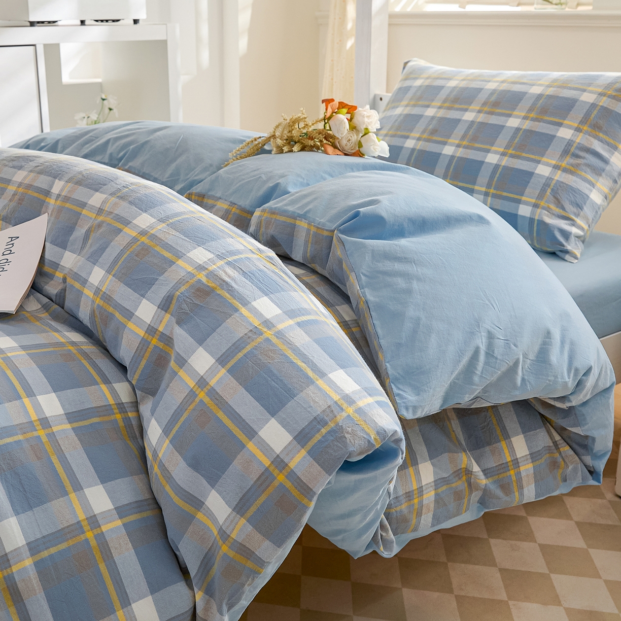 91家纺网 家纺一手货源 找家纺 吾诺2025新款 色织全棉学生组合大礼包三件套四件套 简希-蓝