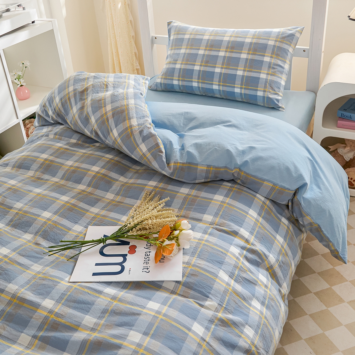 91家纺网 家纺一手货源 找家纺 吾诺2025新款 色织全棉学生组合大礼包三件套四件套 简希-蓝