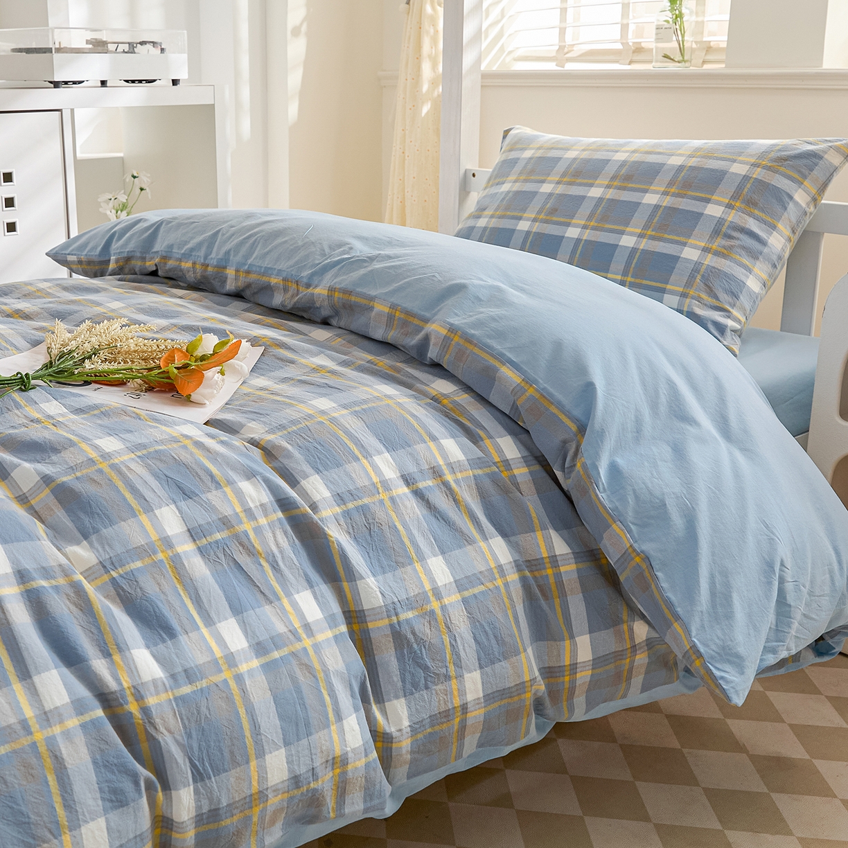 91家纺网 家纺一手货源 找家纺 吾诺2025新款 色织全棉学生组合大礼包三件套四件套 简希-蓝