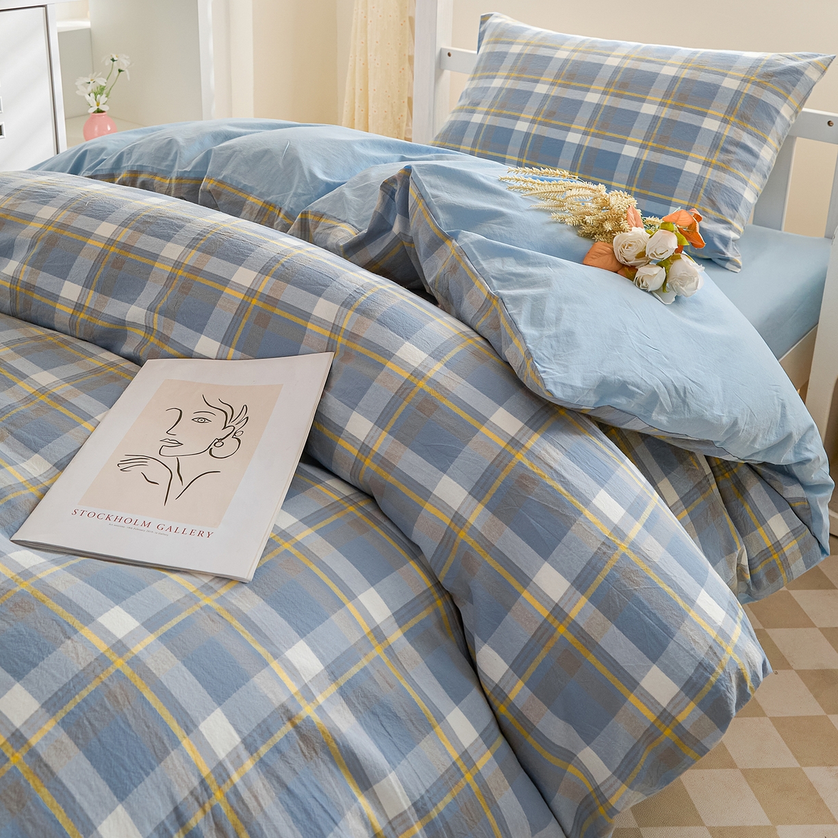 91家纺网 家纺一手货源 找家纺 吾诺2025新款 色织全棉学生组合大礼包三件套四件套 简希-蓝