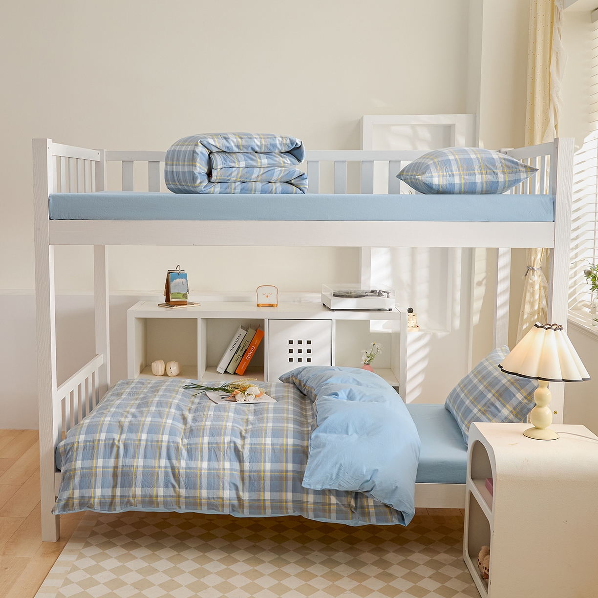 91家纺网 家纺一手货源 找家纺 吾诺2025新款 色织全棉学生组合大礼包三件套四件套 简希-蓝